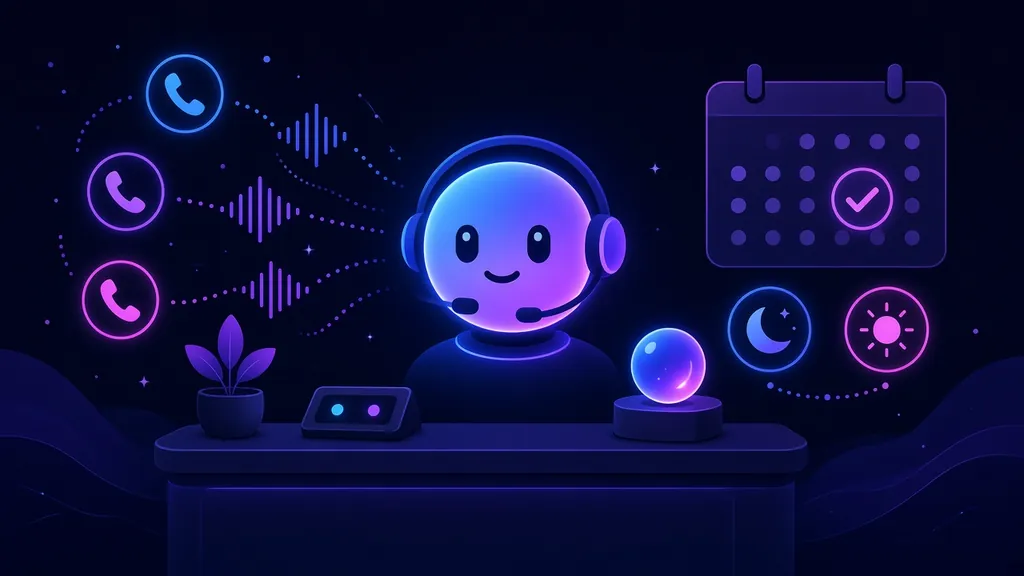 Illustration of an AI receptionist with a headset answering incoming calls 24/7 and booking an appointment on a calendar