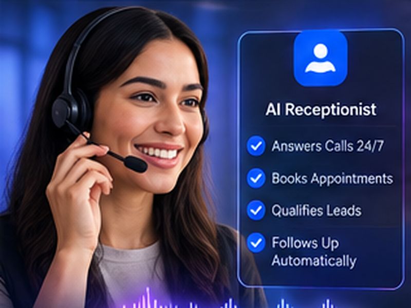 Receptionist with headset beside an AI receptionist call panel